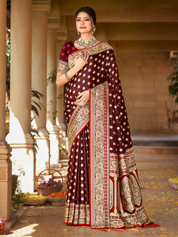 EXCLUSIVA - Maroon Satin Silk Saree with Unstitched Blouse