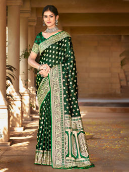 EXCLUSIVA - Green Satin Silk Saree with Unstitched Blouse