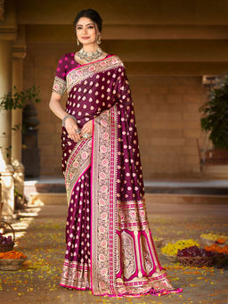 EXCLUSIVA - Purple Satin Silk Saree with Unstitched Blouse
