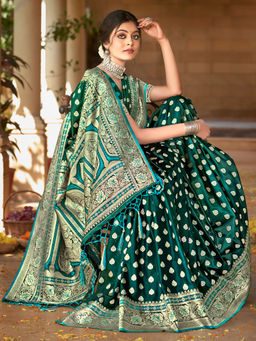 EXCLUSIVA - Green Satin Silk Saree with Unstitched Blouse