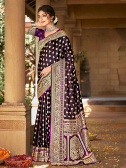 EXCLUSIVA - Wine Satin Silk Saree with Unstitched Blouse