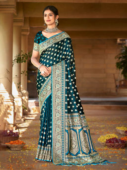 EXCLUSIVA - Teal Satin Silk Saree with Unstitched Blouse