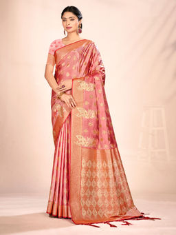 EXCLUSIVA - Pink Satin Silk Saree with Unstitched Blouse