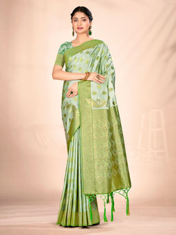 EXCLUSIVA - Green Satin Silk Saree with Unstitched Blouse
