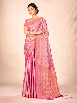 EXCLUSIVA - Pink Satin Silk Saree with Unstitched Blouse
