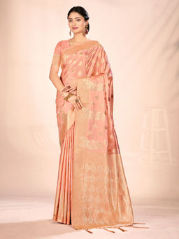 EXCLUSIVA - Peach Satin Silk Saree with Unstitched Blouse