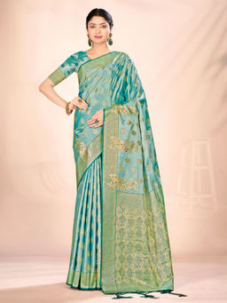 EXCLUSIVA - Blue Satin Silk Saree with Unstitched Blouse