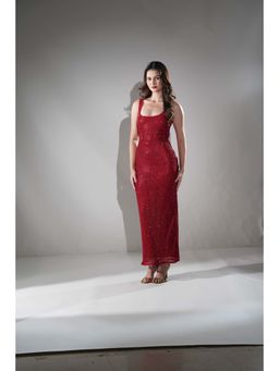 Realm By Vaishali - Midnight Red Chainmail Metallic Maxi Dress