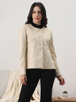 Globus - Women Off White Round Neck Suede Soft Functional Coat