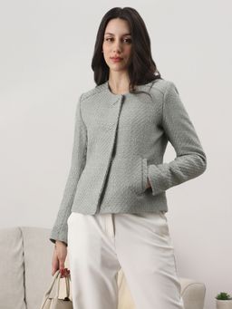 Globus - Women Grey Texture Round Neck Long Sleeve Tailored Fit Coat