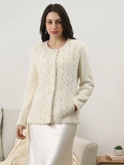 Globus - Women White Embellished Work Round Neck Suede Soft Functional Coat