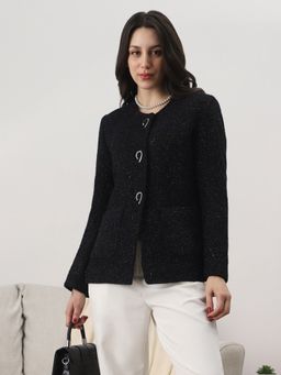 Globus - Women Black Round Neck Shimmer Tailored Fit Coat