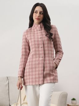 Globus - Women Pink Mock Collar Self Checkered Hip Length Coat
