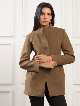 Globus - Women Tan Mock Collar Solid Soft Functional Hip Length Coat