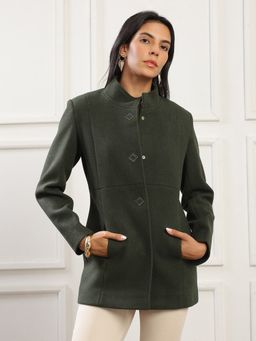 Globus - Women Olive Mock Collar Solid Soft Functional Hip Length Coat
