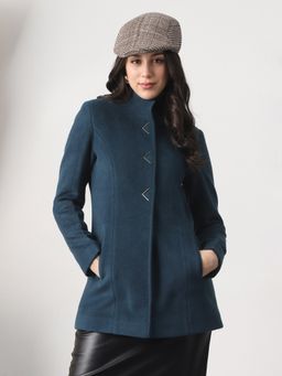 Globus - Women Teal Mock Collar Solid Self Design Hip Length Coat