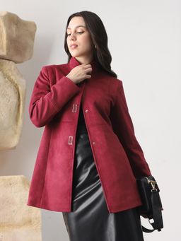 Globus - Women Red Mock Collar Solid Soft Functional Hip Length Coat