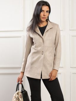 Globus - Women Taupe Suede Soft Functional Hip Length Coat