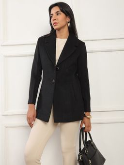 Globus - Women Black Notched Lapel Solid Soft Functional Hip Length Coat