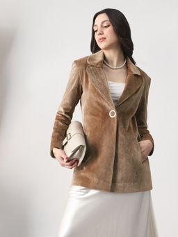 Globus - Women Beige Suede Soft Functional Hip Length Coat
