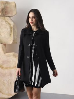 Globus - Women Black Peter Pan Collar Long Sleeve Hip Length Tailored Fit Coat