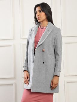 Globus - Women Blue Notched Lapel Striped Hip Length Coat