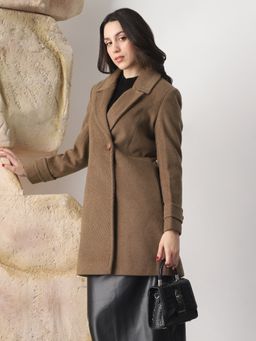 Globus - Women Beige Notched Lapel Striped Hip Length Winterwear Overcoat