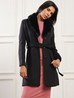 Globus - Women Black Shawl Collar Solid Faux Fur Detail Overcoat With Belt