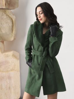 Globus - Women Olive Shawl Collar Faux Fur Detail Belted Overcoat