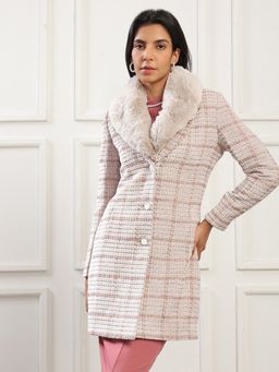 Globus - Women Beige Shawl Collar Checkered Faux Fur Detail Overcoat