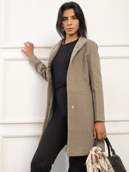 Globus - Women Beige Mock Collar Striped Soft Functional Overcoat