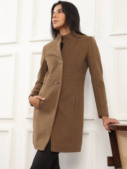 Globus - Women Brown Mock Collar Soft Functional Hip Length Winterwear Overcoat