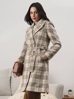 Globus - Women Gold Notched Lapel Checkered Overcoat With Belt