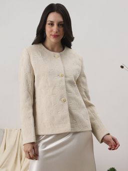 Globus - Women Off White Round Neck Floral Coat