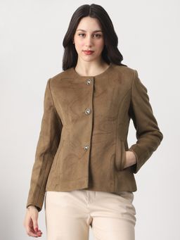 Globus - Women Brown Round Neck Abstract Print Coat