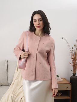 Globus - Women Pink Round Neck Floral Embellished Wool Coat
