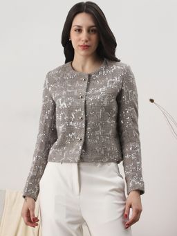 Globus - Women Grey Round Neck Embellished Coat