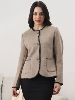 Globus - Women Brown Round Neck Embroidered Detail Coat