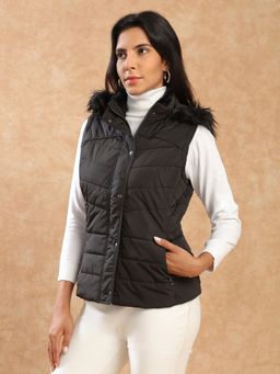 Globus - Women Black Insulator Puffer Vest Jacket With Detachable Faux Fur Hood