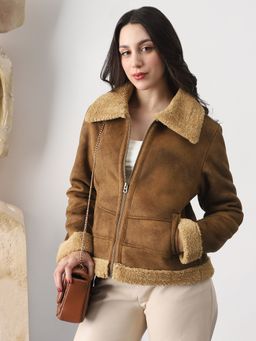 Globus - Women Tan Faux Fur Spread Collar Front Zip Suede Winterwear Jacket