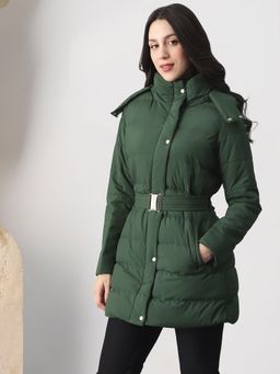 Globus - Women Green Insulator Puffer Jacket With Detachable Hood and Belt