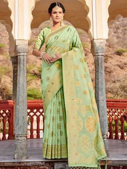 Odette - Womens Green Linen Woven Design Saree with Unstitched Blouse