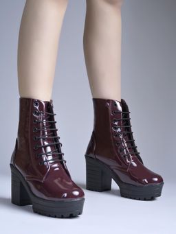 Shoetopia - Women Patent Cherry Red Platform Combat Boots