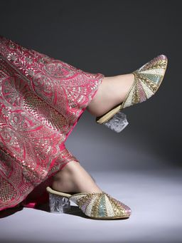 HVNLY by Shoetopia - Hand-Embellished Mules With Crystal Block Heel For Women And Girls