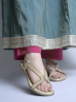 Shoetopia - Women Radiant Gold Embellished T-Strap Flat Sandals - Ethnic Occasion Wear
