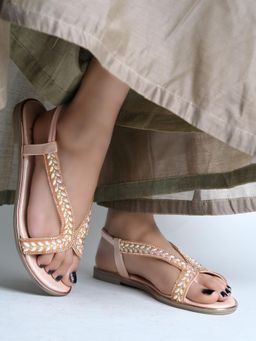 Shoetopia - Women Rose Gold Embellished Flat Sandals - Sparkling Leaf Motif