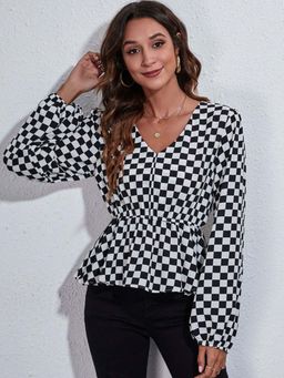 Oh Rare - Checks Full Sleeve Cinched Waist Top