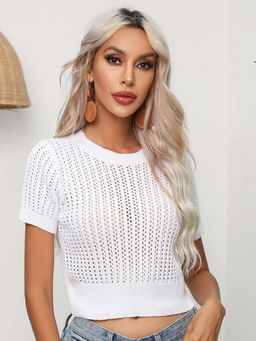 Oh Rare - White Self Design Half Sleeves Crop Top