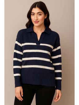 NOBARR - Navy Blue Polyester Striped Sweater
