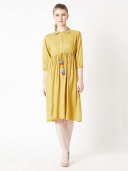 Miss Chase - Women's Mustard Collar 3/4 Sleeves Solid Tie-Up Tassel Knee Length Shirt Dress